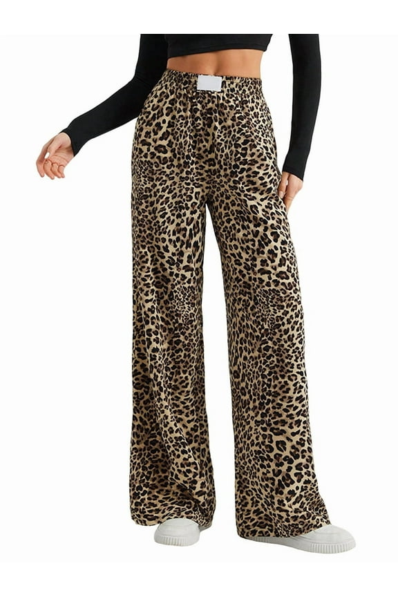 Women'S Plaid Leopard Print Straight Leg Pants Elastic Waist Y2K Trousers Bottoms with Pockets Leopard Brown S