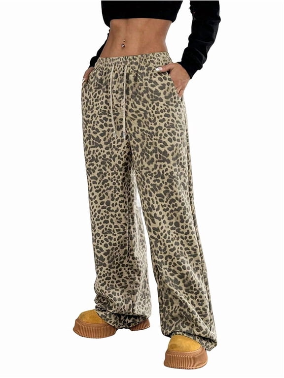 Women'S Plaid Leopard Print Straight Leg Pants Elastic Waist Y2K Trousers Bottoms with Pockets Light Leopard L