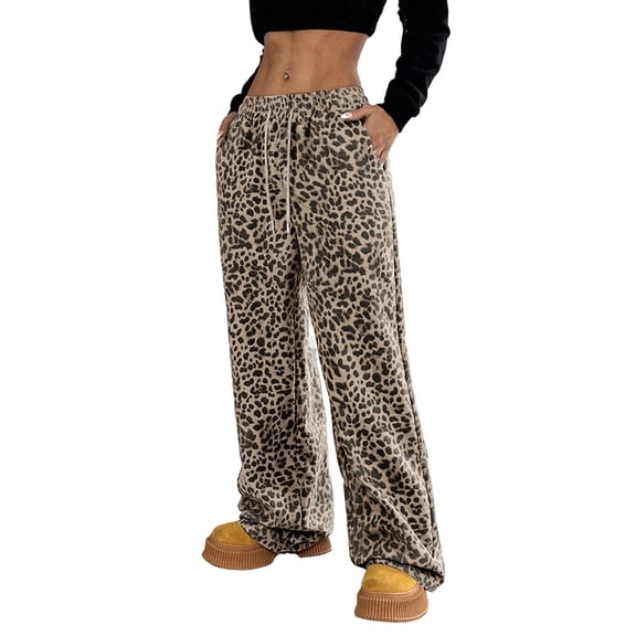 Women'S Plaid Leopard Print Straight Leg Pants Elastic Waist Y2K Trousers Bottoms with Pockets Light Leopard L
