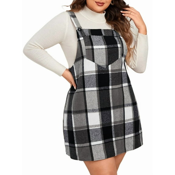 Women'S Plaid Plus Size Fall Winter Adjustable Straps Casual Sleeveless Pinafore Dresses with Pockets Black 4XL