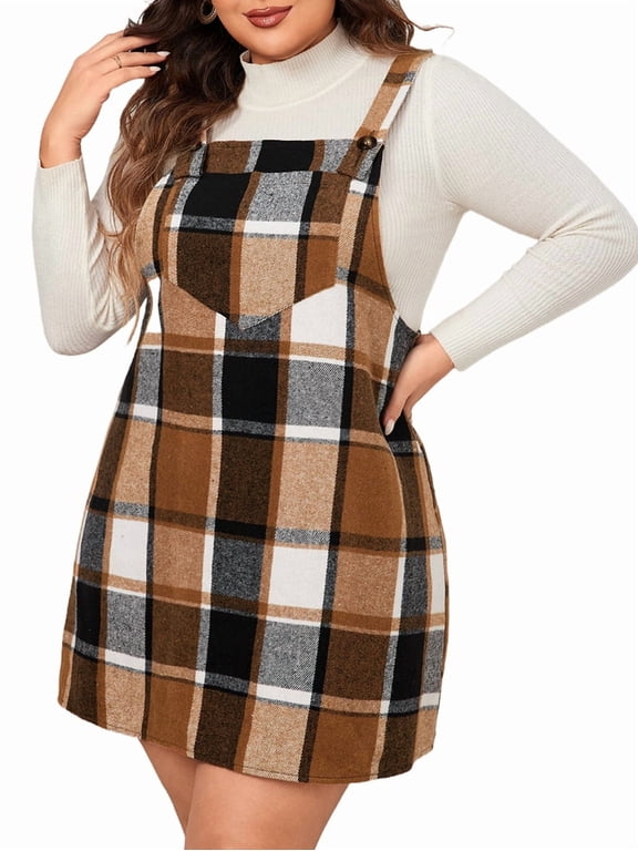 Women'S Plaid Plus Size Fall Winter Adjustable Straps Casual Sleeveless Pinafore Dresses with Pockets Brown 4XL