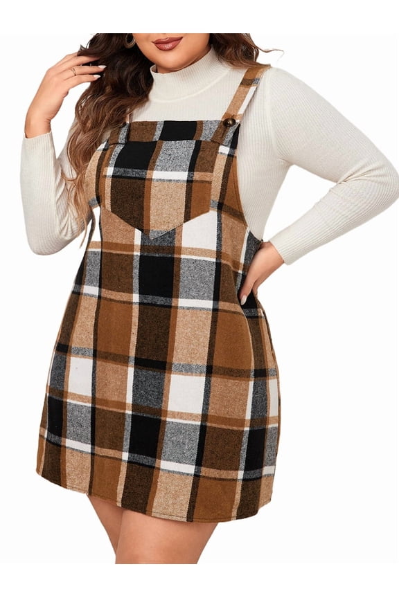 Women'S Plaid Plus Size Fall Winter Adjustable Straps Casual Sleeveless Pinafore Dresses with Pockets Brown 4XL