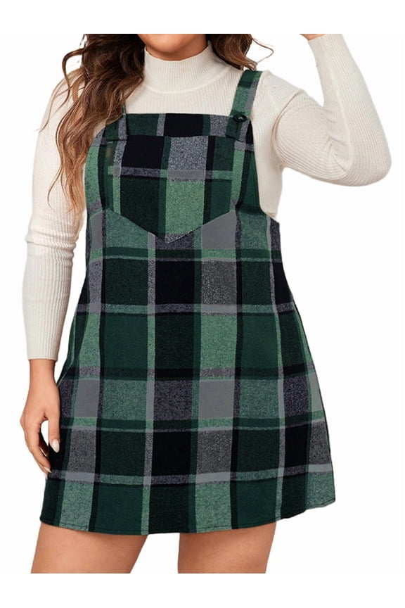 Women'S Plaid Plus Size Fall Winter Adjustable Straps Casual Sleeveless Pinafore Dresses with Pockets Green XL
