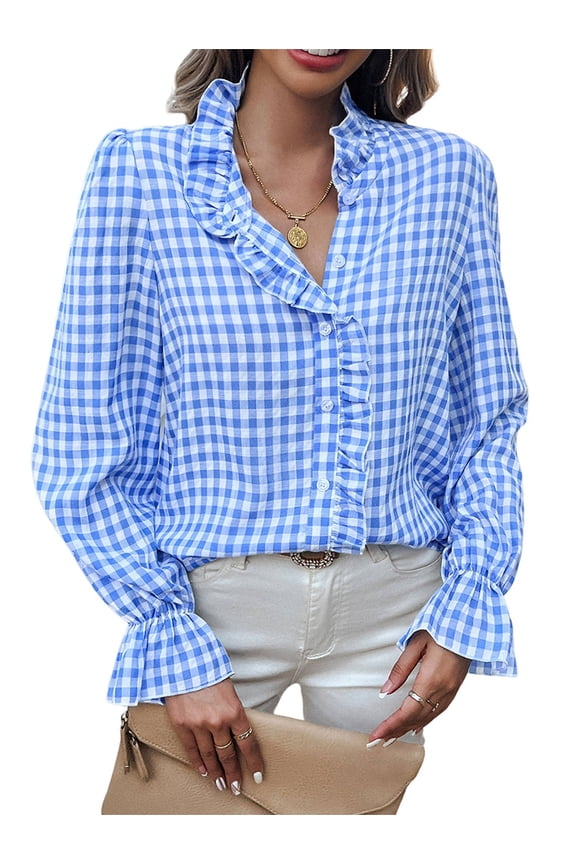 Women'S Plaid Ruffle V Neck Button Down Blouse Casual Long Sleeve Gingham Trendy Shirt Tops Light Blue L