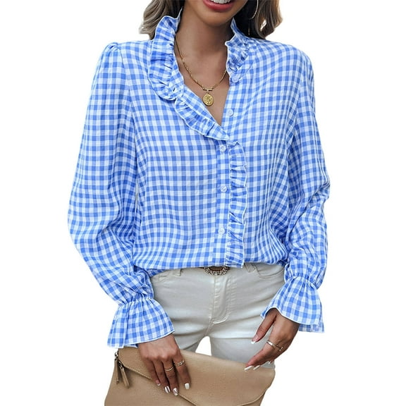Women'S Plaid Ruffle V Neck Button Down Blouse Casual Long Sleeve Gingham Trendy Shirt Tops Light Blue S