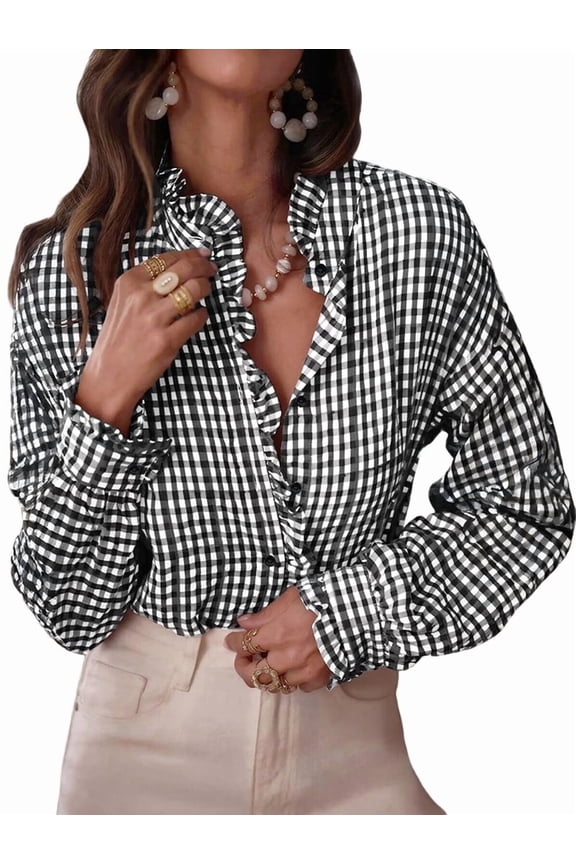 Women'S Plaid Ruffle V Neck Button Down Blouse Casual Long Sleeve Gingham Work Checkered Shirt Tops Black XXL