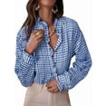 thumbnail image 1 of Women'S Plaid Ruffle V Neck Button Down Blouse Casual Long Sleeve Gingham Work Checkered Shirt Tops Blue L, 1 of 8