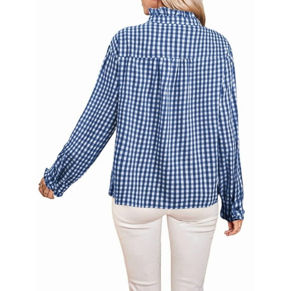 Women'S Plaid Ruffle V Neck Button Down Blouse Casual Long Sleeve Gingham Work Checkered Shirt Tops Blue XL