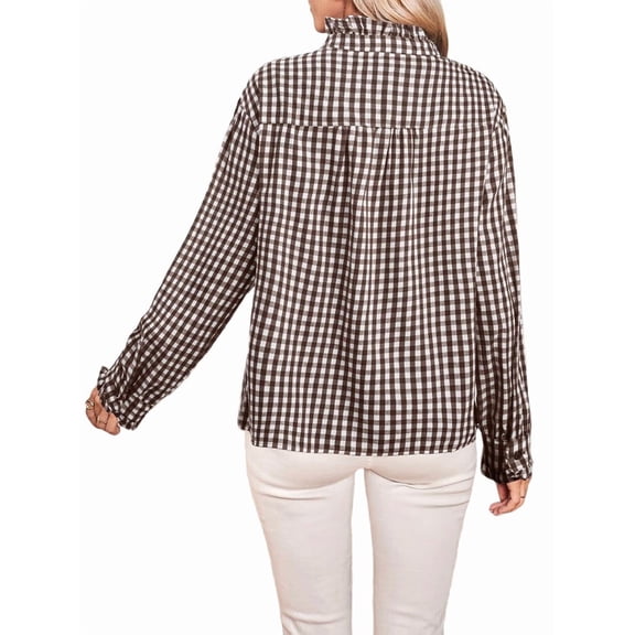 Women'S Plaid Ruffle V Neck Button Down Blouse Casual Long Sleeve Gingham Work Checkered Shirt Tops Brown L