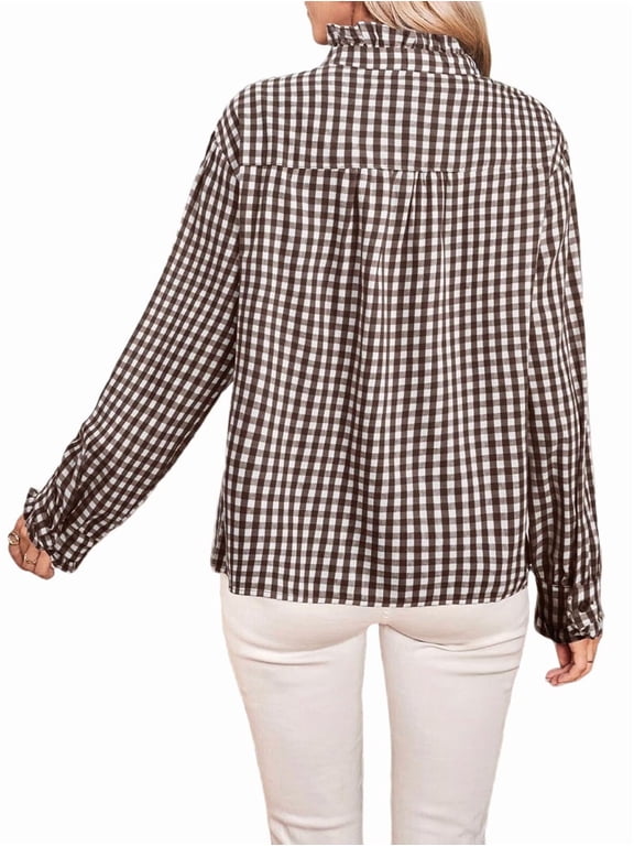 Women'S Plaid Ruffle V Neck Button Down Blouse Casual Long Sleeve Gingham Work Checkered Shirt Tops Brown L