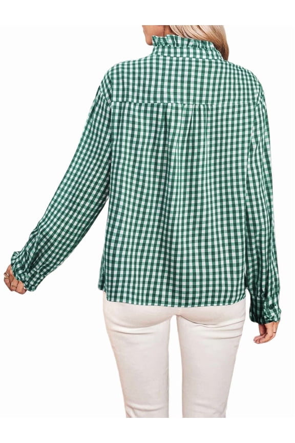 Women'S Plaid Ruffle V Neck Button Down Blouse Casual Long Sleeve Gingham Work Checkered Shirt Tops Green L