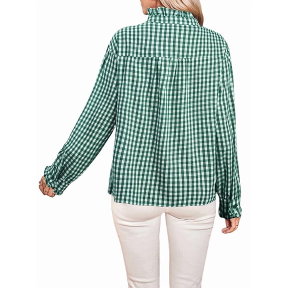 Women'S Plaid Ruffle V Neck Button Down Blouse Casual Long Sleeve Gingham Work Checkered Shirt Tops Green L
