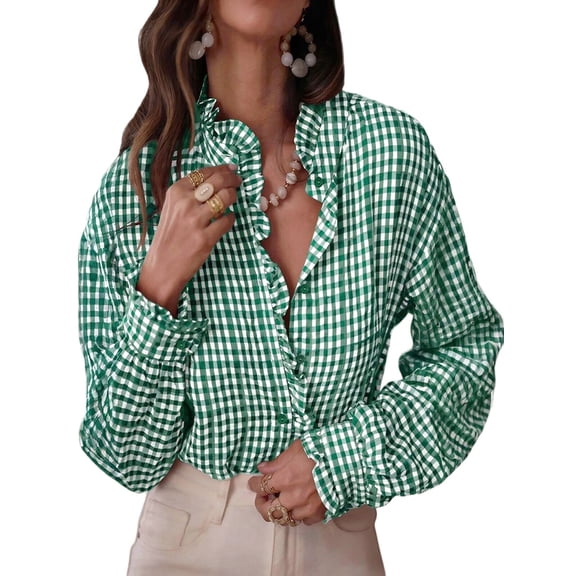 Women'S Plaid Ruffle V Neck Button Down Blouse Casual Long Sleeve Gingham Work Checkered Shirt Tops Green XL