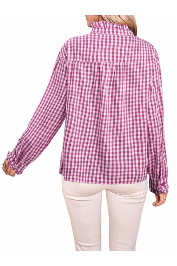 Women'S Plaid Ruffle V Neck Button Down Blouse Casual Long Sleeve Gingham Work Checkered Shirt Tops Pink L