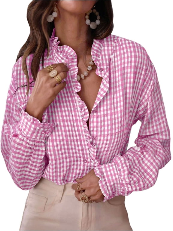 Women'S Plaid Ruffle V Neck Button Down Blouse Casual Long Sleeve Gingham Work Checkered Shirt Tops Pink S