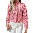 thumbnail image 1 of Women'S Plaid Ruffle V Neck Button Down Blouse Casual Long Sleeve Gingham Work Checkered Shirt Tops Red L, 1 of 8
