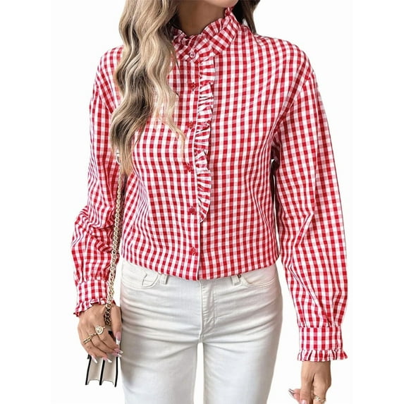Women'S Plaid Ruffle V Neck Button Down Blouse Casual Long Sleeve Gingham Work Checkered Shirt Tops Red L