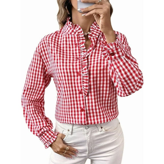 Women'S Plaid Ruffle V Neck Button Down Blouse Casual Long Sleeve Gingham Work Checkered Shirt Tops Red M