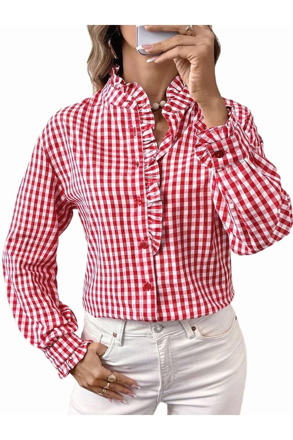 Women'S Plaid Ruffle V Neck Button Down Blouse Casual Long Sleeve Gingham Work Checkered Shirt Tops Red M