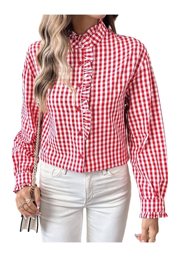 Women'S Plaid Ruffle V Neck Button Down Blouse Casual Long Sleeve Gingham Work Checkered Shirt Tops Red S