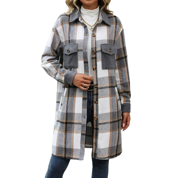 Women'S Plaid Shacket Jacket Long Sleeve Button Up Flannel Shirt Casual Shaket Lapel Coats Gray L