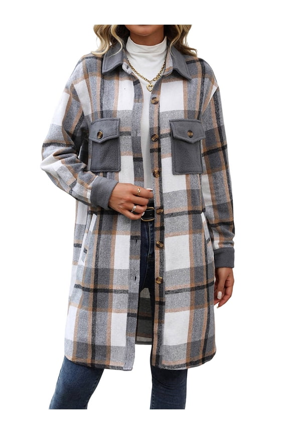 Women'S Plaid Shacket Jacket Long Sleeve Button Up Flannel Shirt Casual Shaket Lapel Coats Gray S