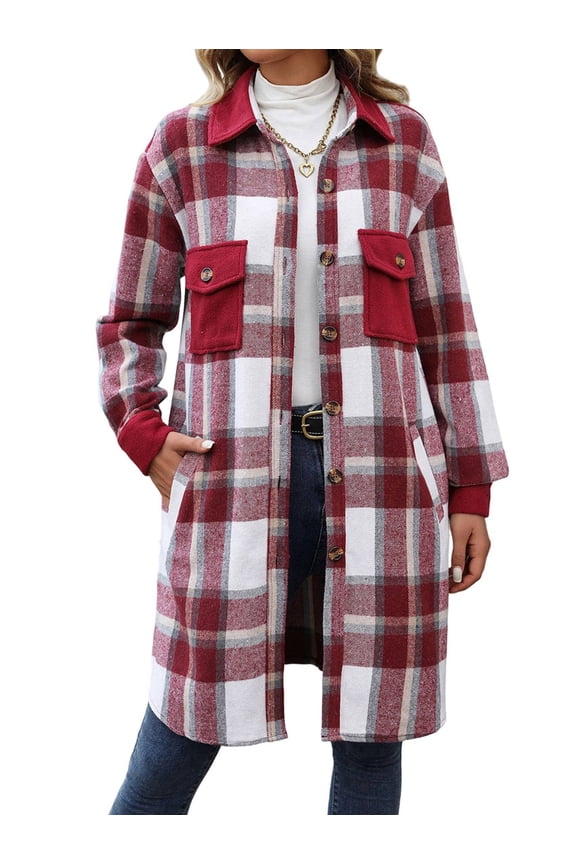 Women'S Plaid Shacket Jacket Long Sleeve Button Up Flannel Shirt Casual Shaket Lapel Coats Wine Red XL