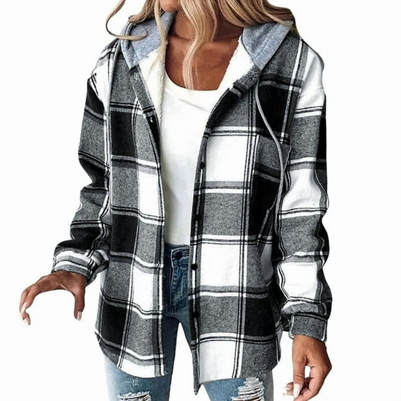 Women'S Plaid Shirts Button Down Long Sleeve Jacket Fleece Lined Hoodie Casual Trendy Blouse Top Black L