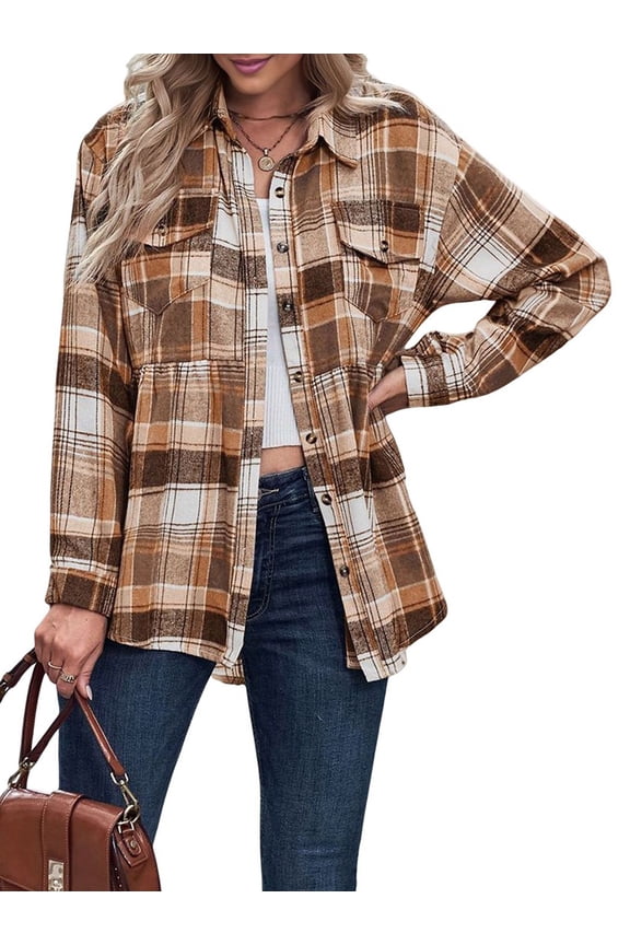 Women'S Plaid Shirts Long Sleeves Button Down Peplum Babydoll Jacket Oversized Casual Pocket Blouses Tops Coffee L
