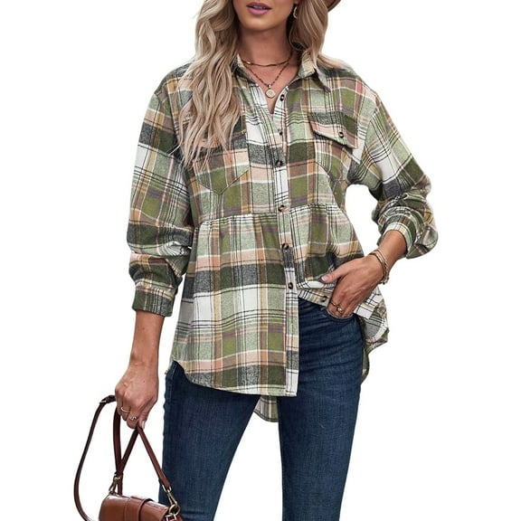 Women'S Plaid Shirts Long Sleeves Button Down Peplum Babydoll Jacket Oversized Casual Pocket Blouses Tops Green L