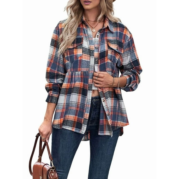 Women'S Plaid Shirts Long Sleeves Button Down Peplum Babydoll Jacket Oversized Casual Pocket Blouses Tops Orange L
