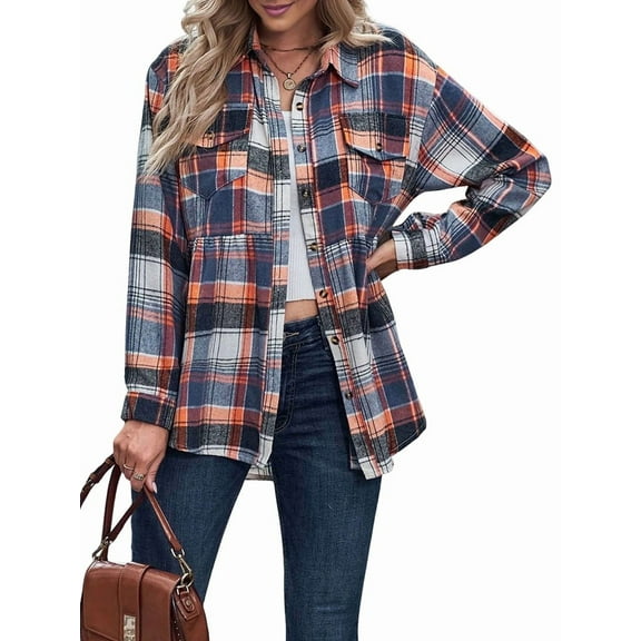 Women'S Plaid Shirts Long Sleeves Button Down Peplum Babydoll Jacket Oversized Casual Pocket Blouses Tops Orange M