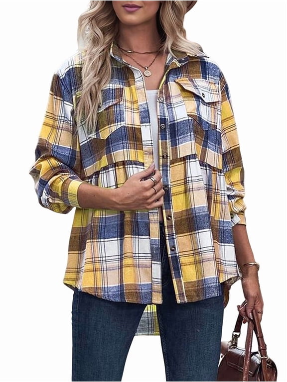 Women'S Plaid Shirts Long Sleeves Button Down Peplum Babydoll Jacket Oversized Casual Pocket Blouses Tops Yellow M