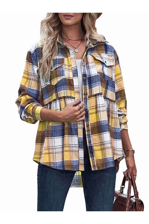 Women'S Plaid Shirts Long Sleeves Button Down Peplum Babydoll Jacket Oversized Casual Pocket Blouses Tops Yellow XXL