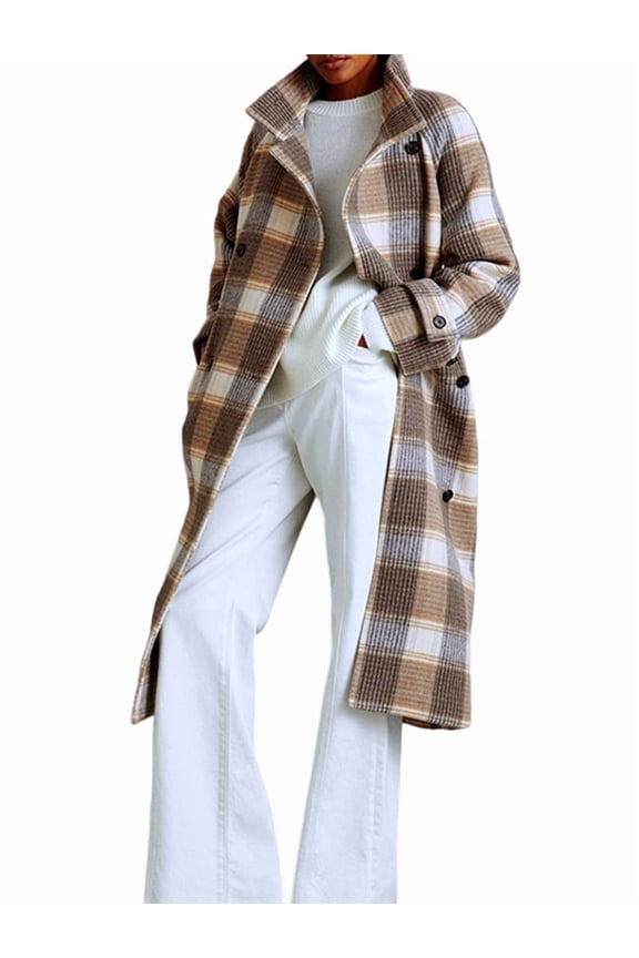 Women'S Plaid Trench Coat Elegant Lapel Collar Long Sleeve Belted Wool Blend Winter Overcoat Brown XXL