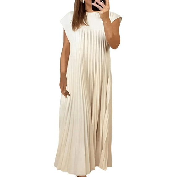Women'S Pleated Church Maxi Dresses Summer Casual Short Sleeve Crew Neck Flowy Loose Long Sundresses Beige XXXL