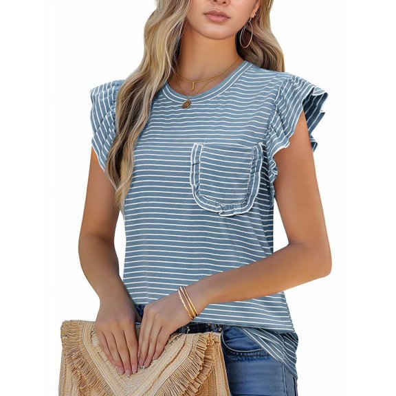 Women'S Pleated Crew Neck Casual Striped Pocket Ruffle Short Sleeve Top Blue M