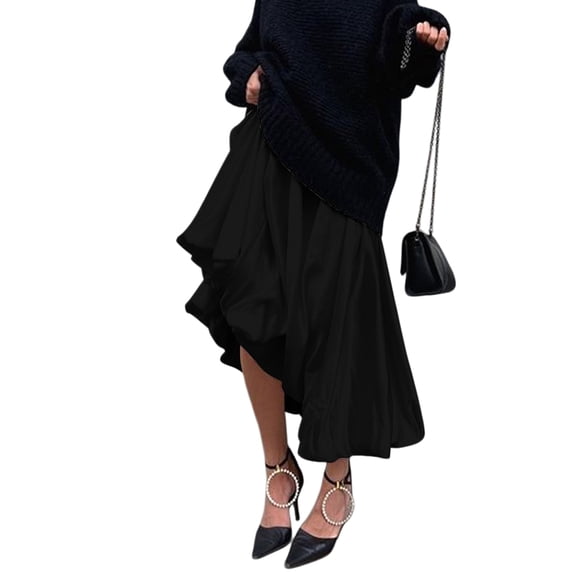 Women'S Pleated Flowy Long Skirts High Waist Maxi Skirt Black L