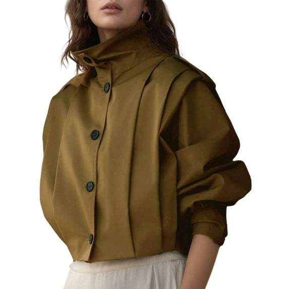 Women'S Pleated Jacket Long Sleeve Collared Button Down Casual Short Trench Coat Spring Fall Outerwear Olive Color M