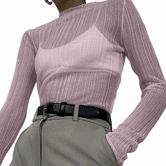 Women'S Pleated Long Sleeve Sheer Tops Lotus Root Pink L