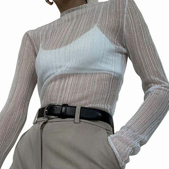 Women'S Pleated Long Sleeve Sheer Tops White L
