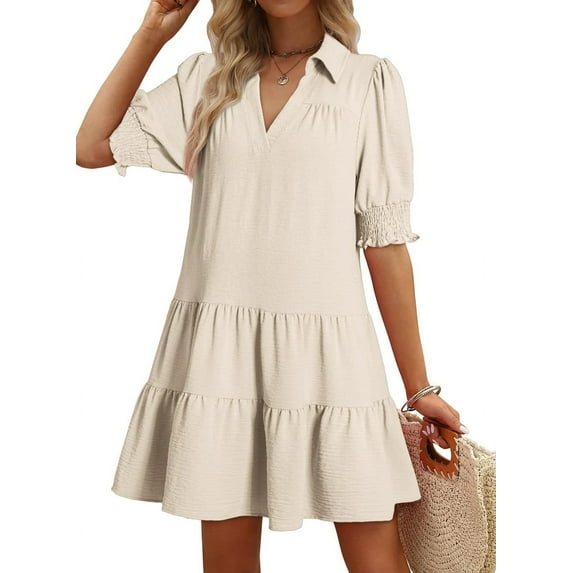 Women'S Pleated Mid Sleeve Dress Creamy White S