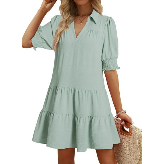 Women'S Pleated Mid Sleeve Dress Light Green L