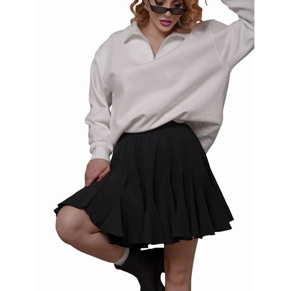 Women'S Pleated - Skirt Basic Casual High Waisted - Flared Mini - Skirts Black XL