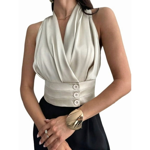 Women'S Pleated V Neck Sleeveless Blouses Office Dressy Shirts  S