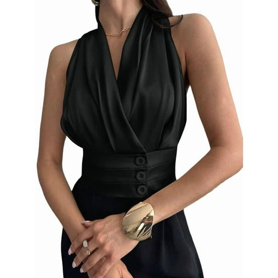 Women'S Pleated V Neck Sleeveless Blouses Office Dressy Shirts