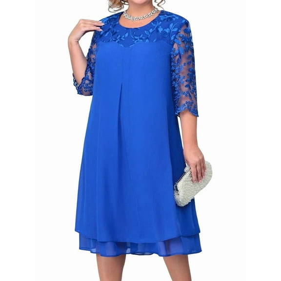 Women'S Plus Size 1/2 Sleeve Floral Embroidery Chiffon Wedding Guest Dress for Wedding Guest Blue 5XL