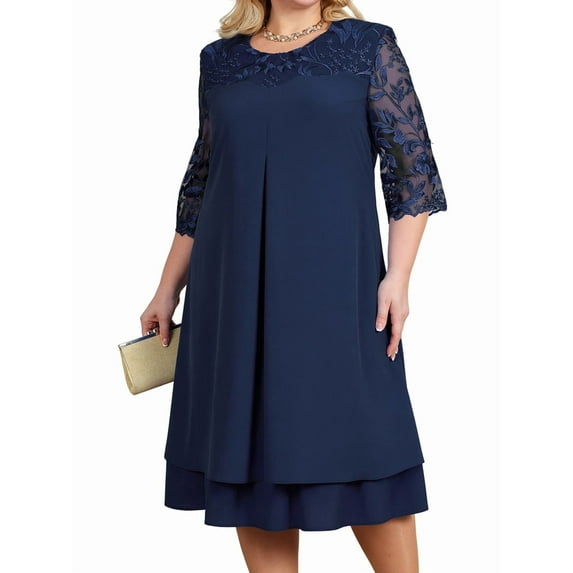 Women'S Plus Size 1/2 Sleeve Floral Embroidery Chiffon Wedding Guest Dress for Wedding Guest Navy Blue 5XL