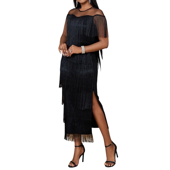 Women'S Plus Size 1920s Flapper Dress Sleeveless Deep V Neck Fringe All over Tassel Tiered Prom Party Midi Dress Black L