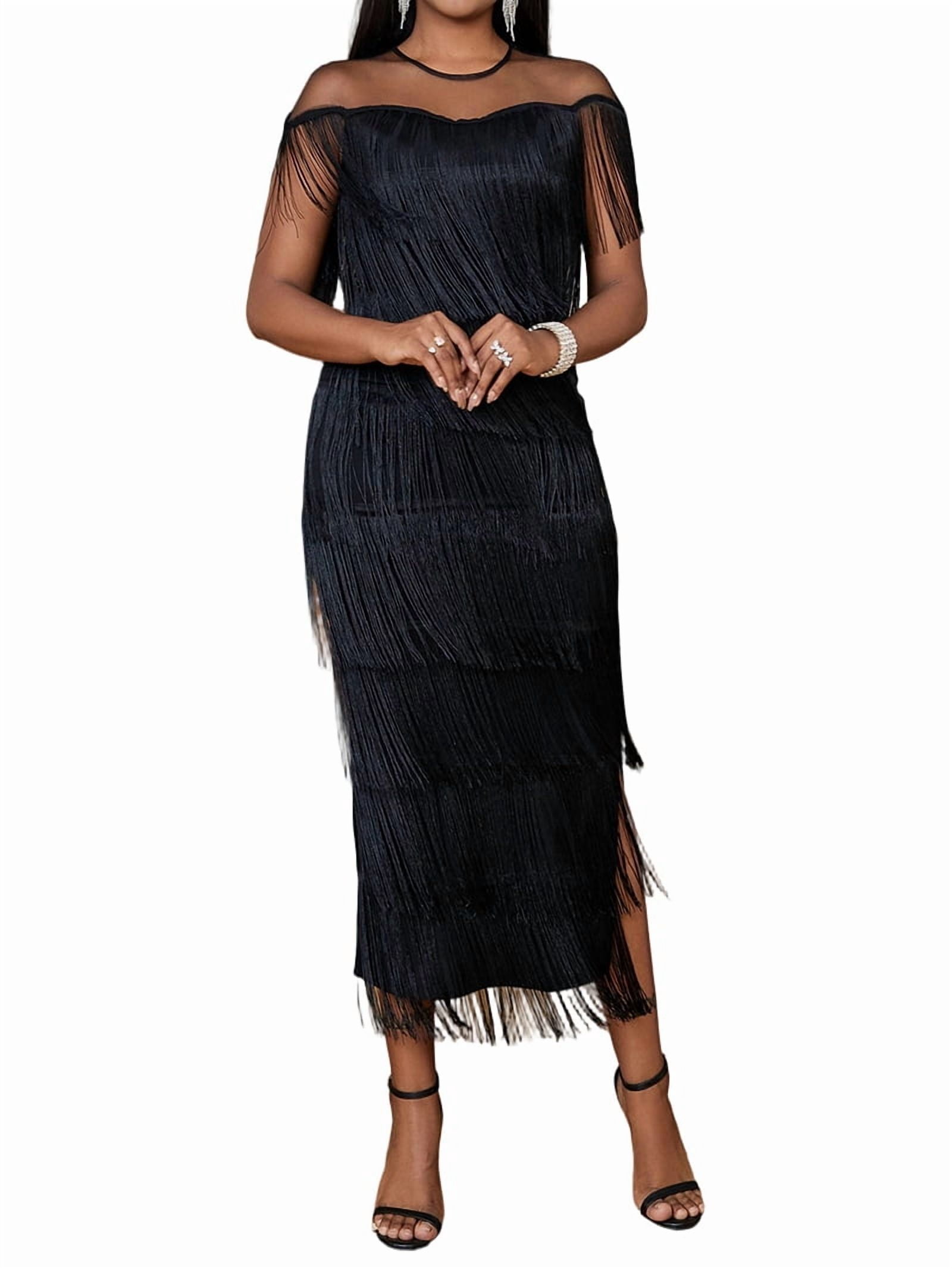 Women'S Plus Size 1920s Flapper Dress Sleeveless Deep V Neck Fringe All over Tassel Tiered Prom Party Midi Dress Black L